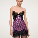 Purple Sequin Party Mini Dress with Black Lace