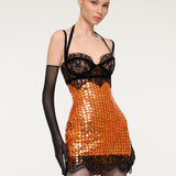 Orange Sequin Mini Dress with Black Lace and Gloves