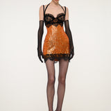 Orange Sequin Mini Dress with Black Lace and Gloves