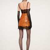 Orange Sequin Mini Dress with Black Lace and Gloves