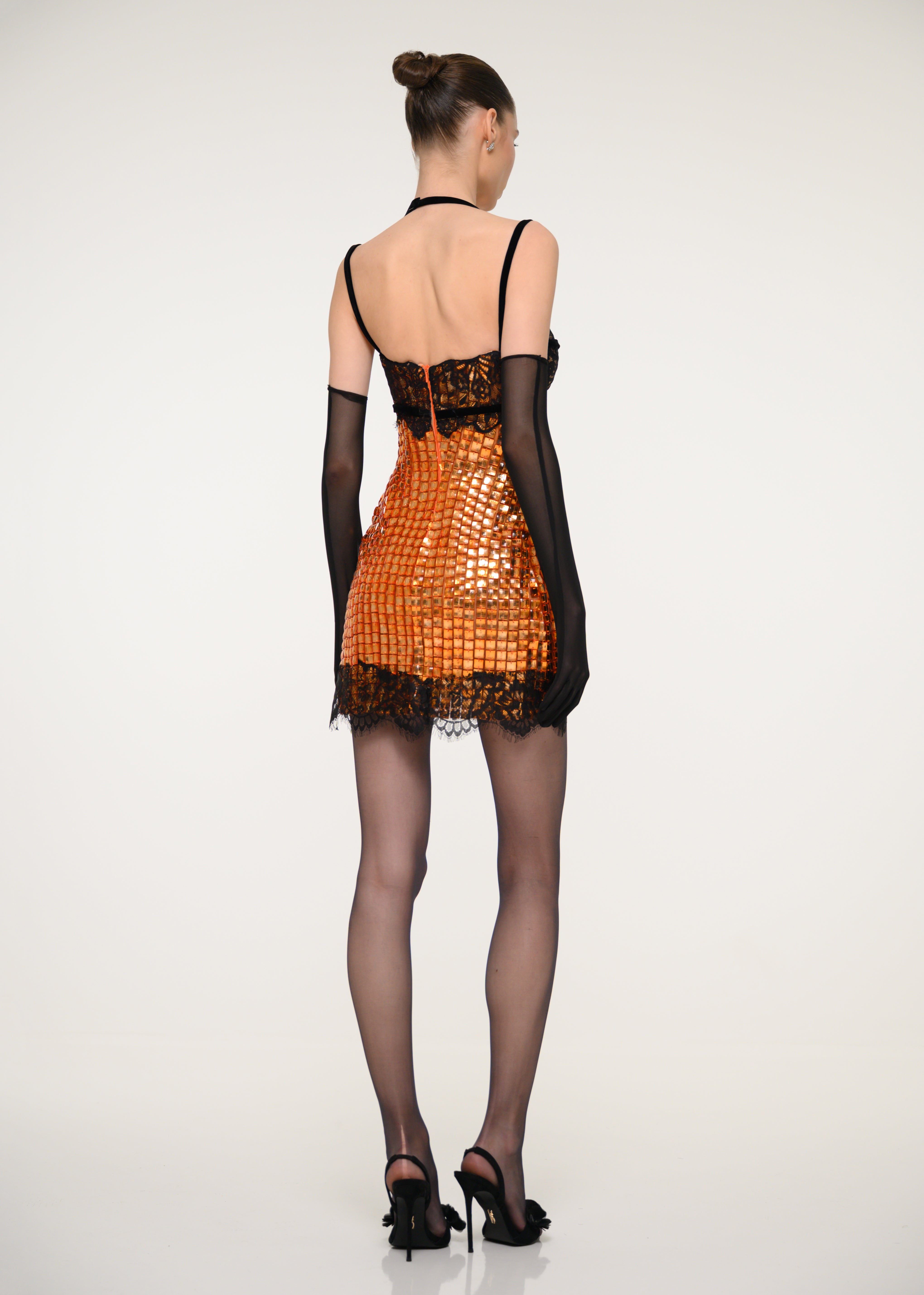 Orange Sequin Mini Dress with Black Lace and Gloves VALDRIN SAHITI Orange Sequin Mini Dress with Black Lace and Gloves VALDRIN SAHITI