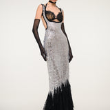 Silver and Black Sequin Gown with Satin Gloves