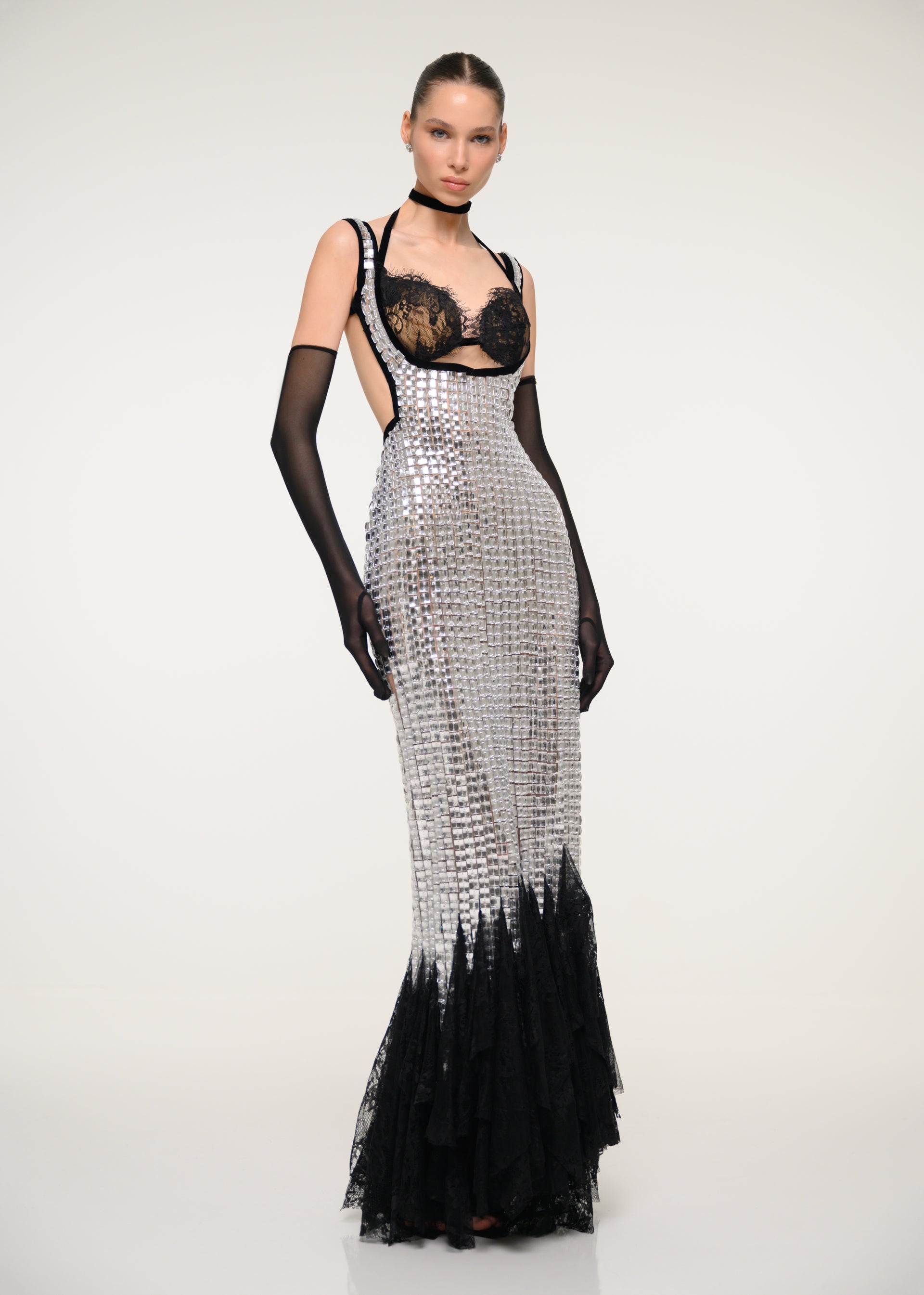 Silver and Black Sequin Gown with Satin Gloves – VALDRIN SAHITI