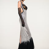 Silver and Black Sequin Gown with Satin Gloves