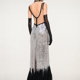 Silver and Black Sequin Gown with Satin Gloves