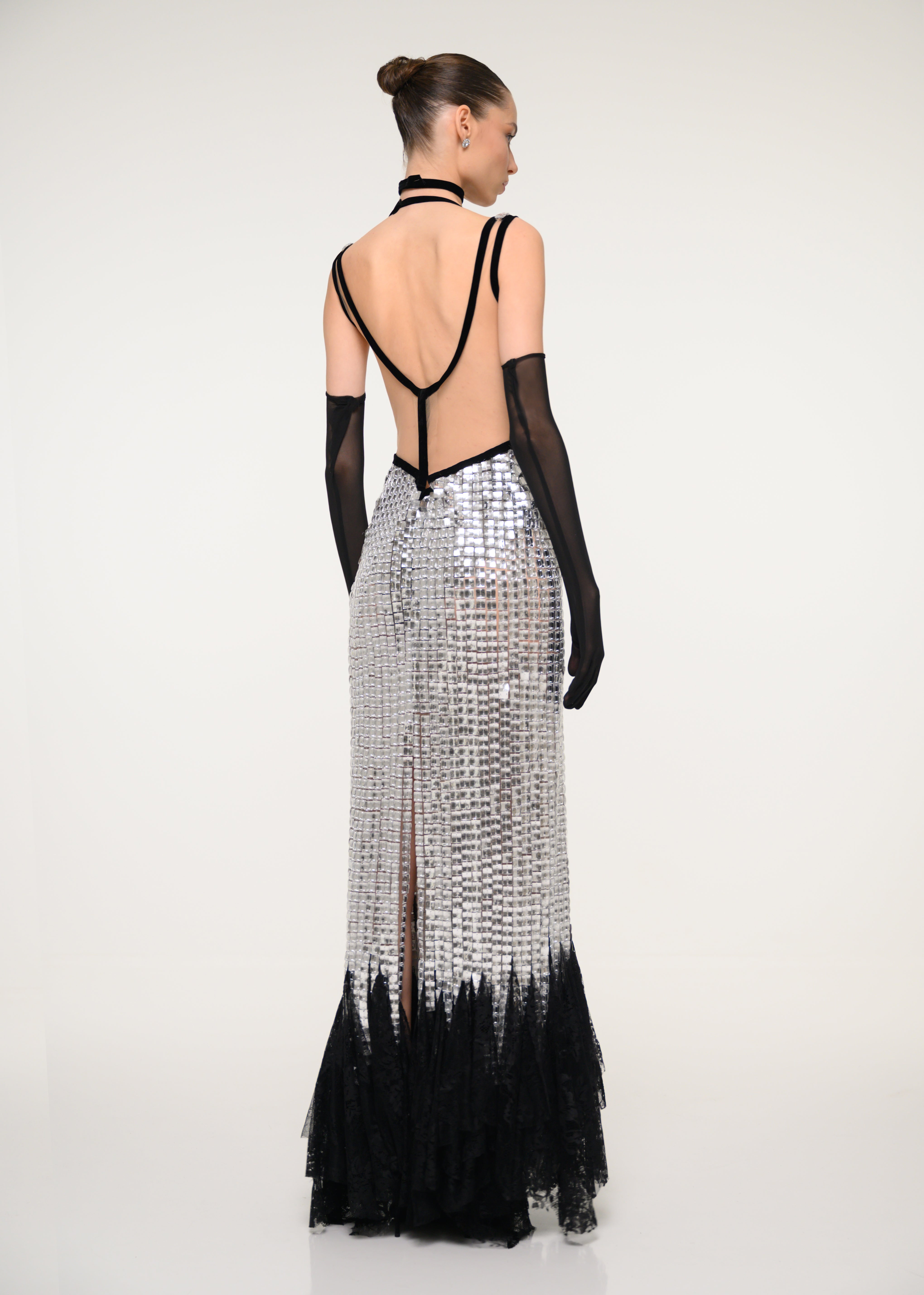 Silver and Black Sequin Gown with Satin Gloves VALDRIN SAHITI Silver and Black Sequin Gown with Satin Gloves VALDRIN SAHITI