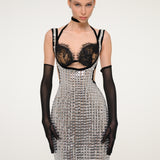 Silver and Black Sequin Gown with Satin Gloves