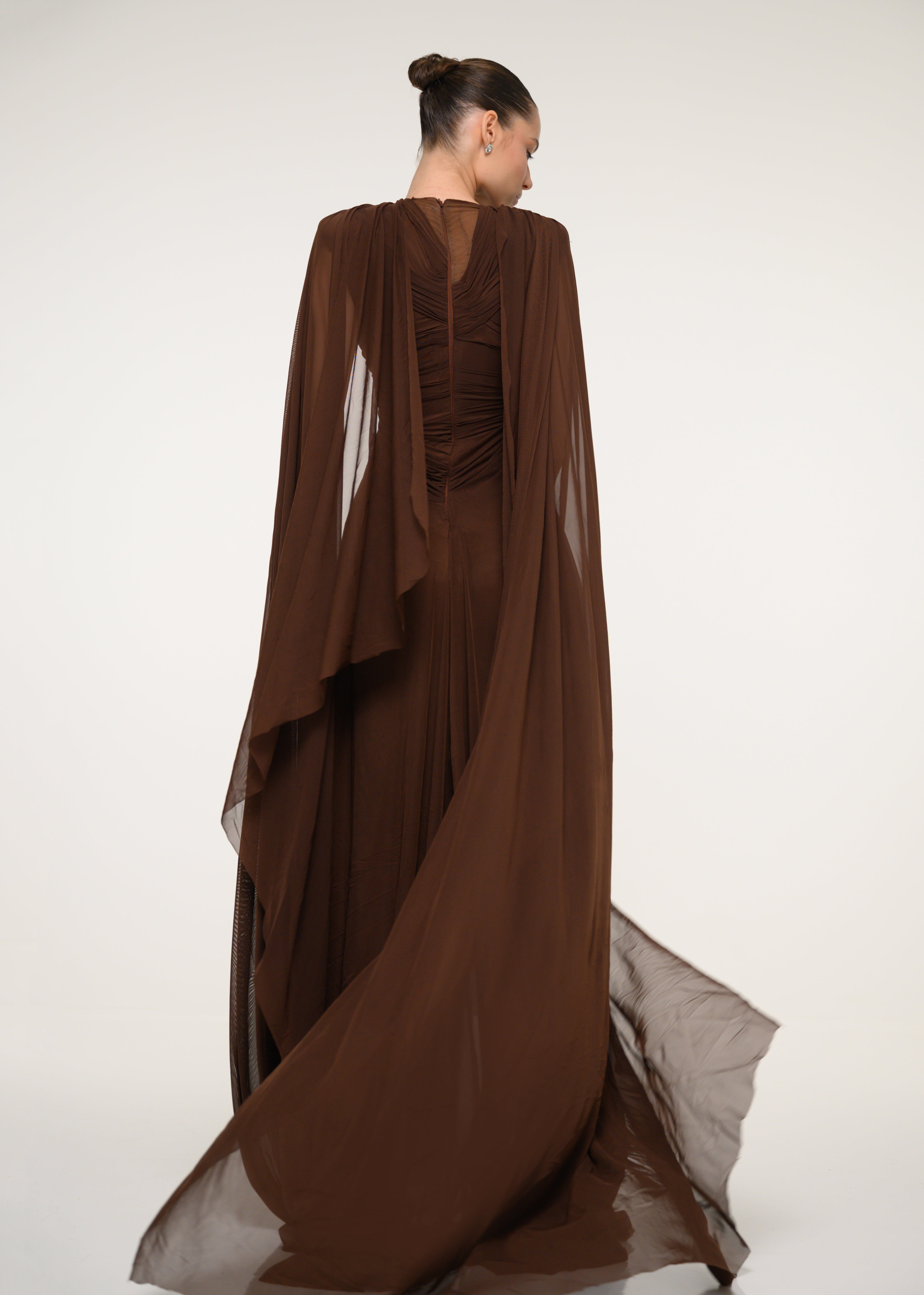 Brown Cape Gown with Flowing Silhouette Brown Cape Gown with Flowing Silhouette