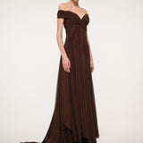 Brown Off-Shoulder Pleated Dress