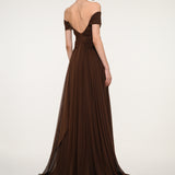 Brown Off-Shoulder Pleated Dress
