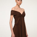 Brown Off-Shoulder Pleated Dress