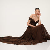 Brown Off-Shoulder Pleated Dress