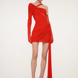 Red One-Shoulder Mini Dress with Long Sleeve