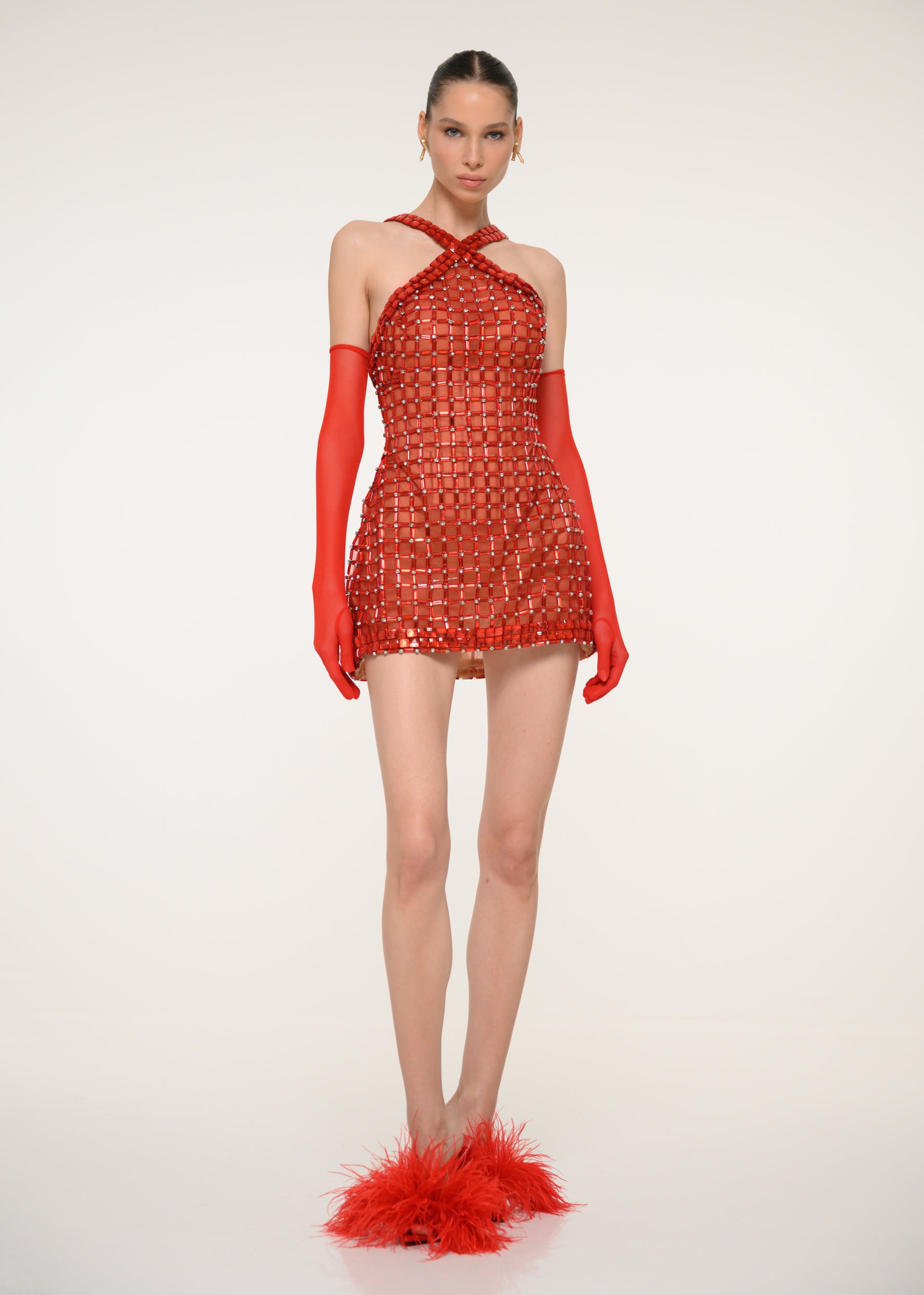 Red Crystal Mini Dress VALDRIN SAHITI Red Crystal Mini Dress VALDRIN SAHITI