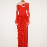 Red Ruched Maxi Dress with Off-Shoulder
