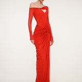 Red Ruched Maxi Dress with Off-Shoulder