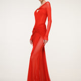 Red Ruched Maxi Dress with Off-Shoulder