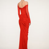 Red Ruched Maxi Dress with Off-Shoulder