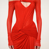 Red Ruched Maxi Dress with Off-Shoulder
