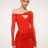 Red Ruched Maxi Dress with Off-Shoulder