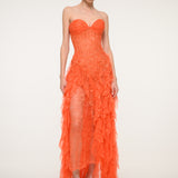 Orange Floral Lace Strapless Dress