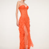 Orange Floral Lace Strapless Dress