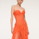 Orange Floral Lace Strapless Dress