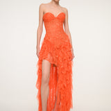 Orange Floral Lace Strapless Dress
