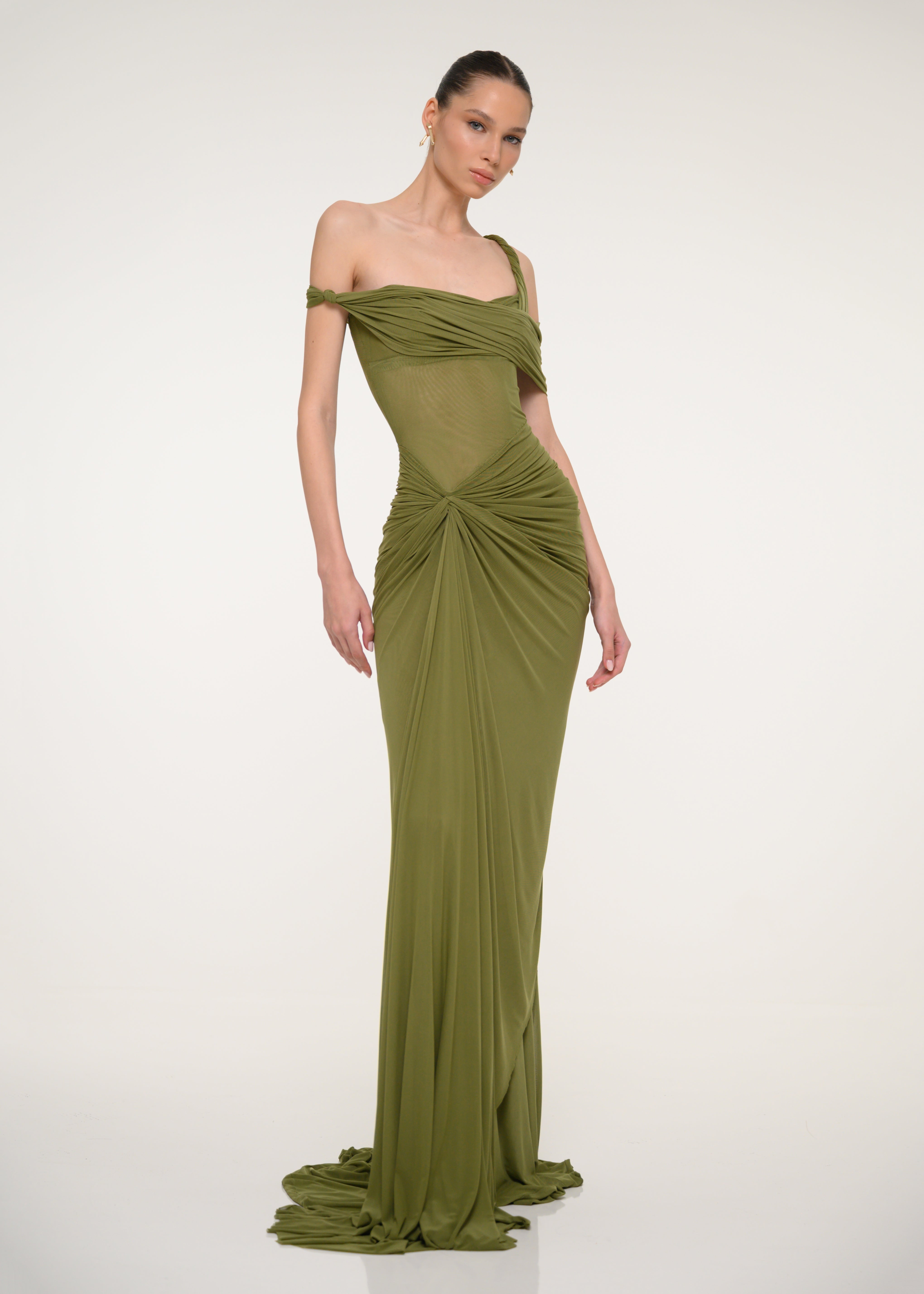 one shoulder olive green dress Olive Green One-Shoulder Dress VALDRIN SAHITI
