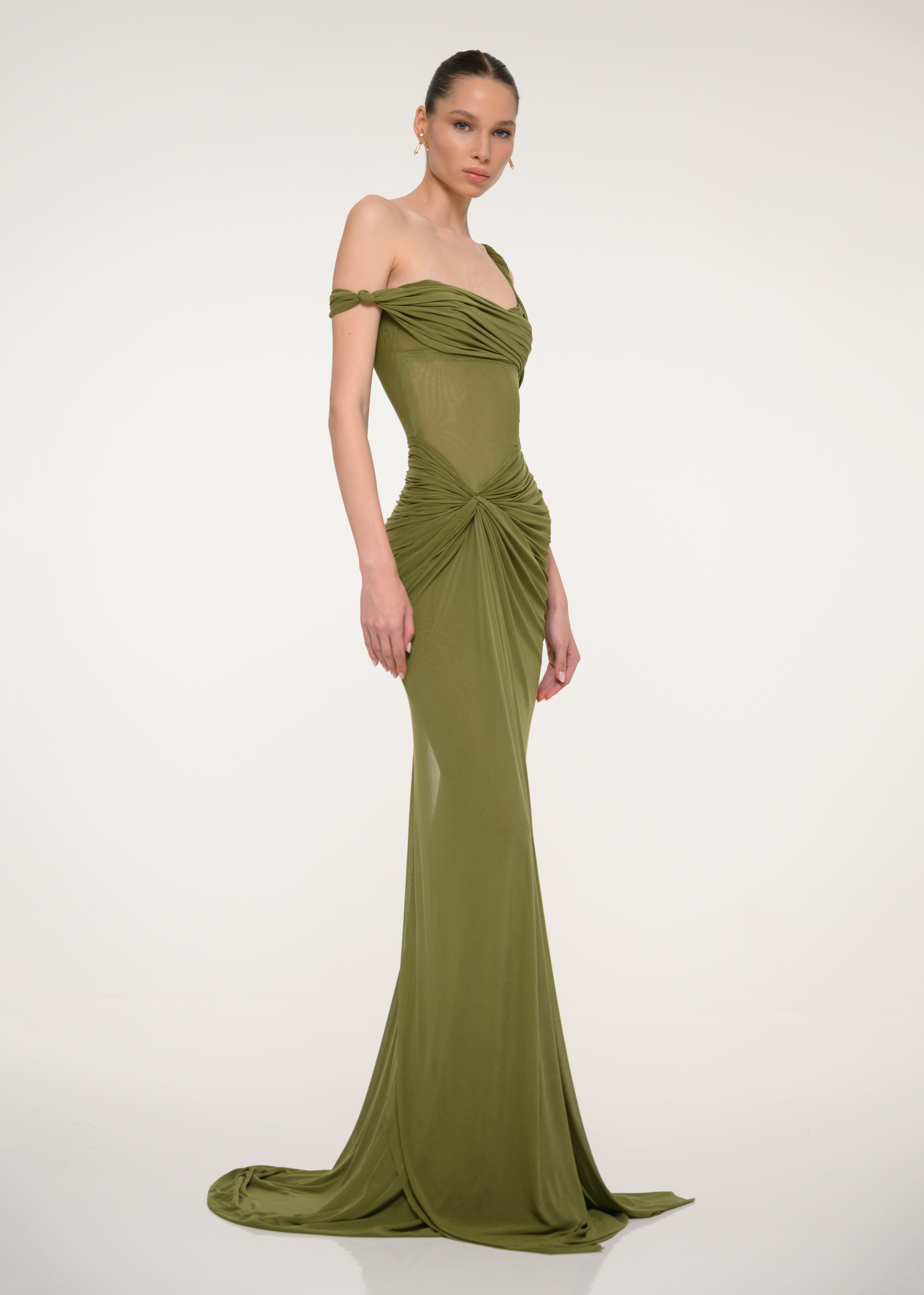 olive green one shoulder dress Toperth Olive One-Shoulder Draped High Slit Maxi Dress Set Toperth