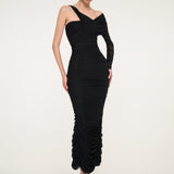 Black One-Shoulder Ruched Midi Dress