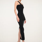 Black One-Shoulder Ruched Midi Dress