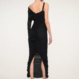 Black One-Shoulder Ruched Midi Dress
