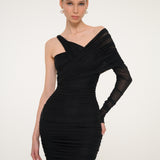 Black One-Shoulder Ruched Midi Dress