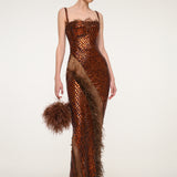 Bronze Sequin Strapless Dress with Feather Detail