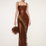 Bronze Sequin Strapless Dress with Feather Detail