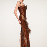 Bronze Sequin Strapless Dress with Feather Detail