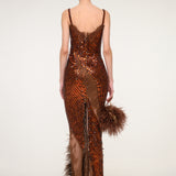 Bronze Sequin Strapless Dress with Feather Detail