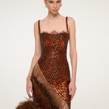 Bronze Sequin Strapless Dress with Feather Detail