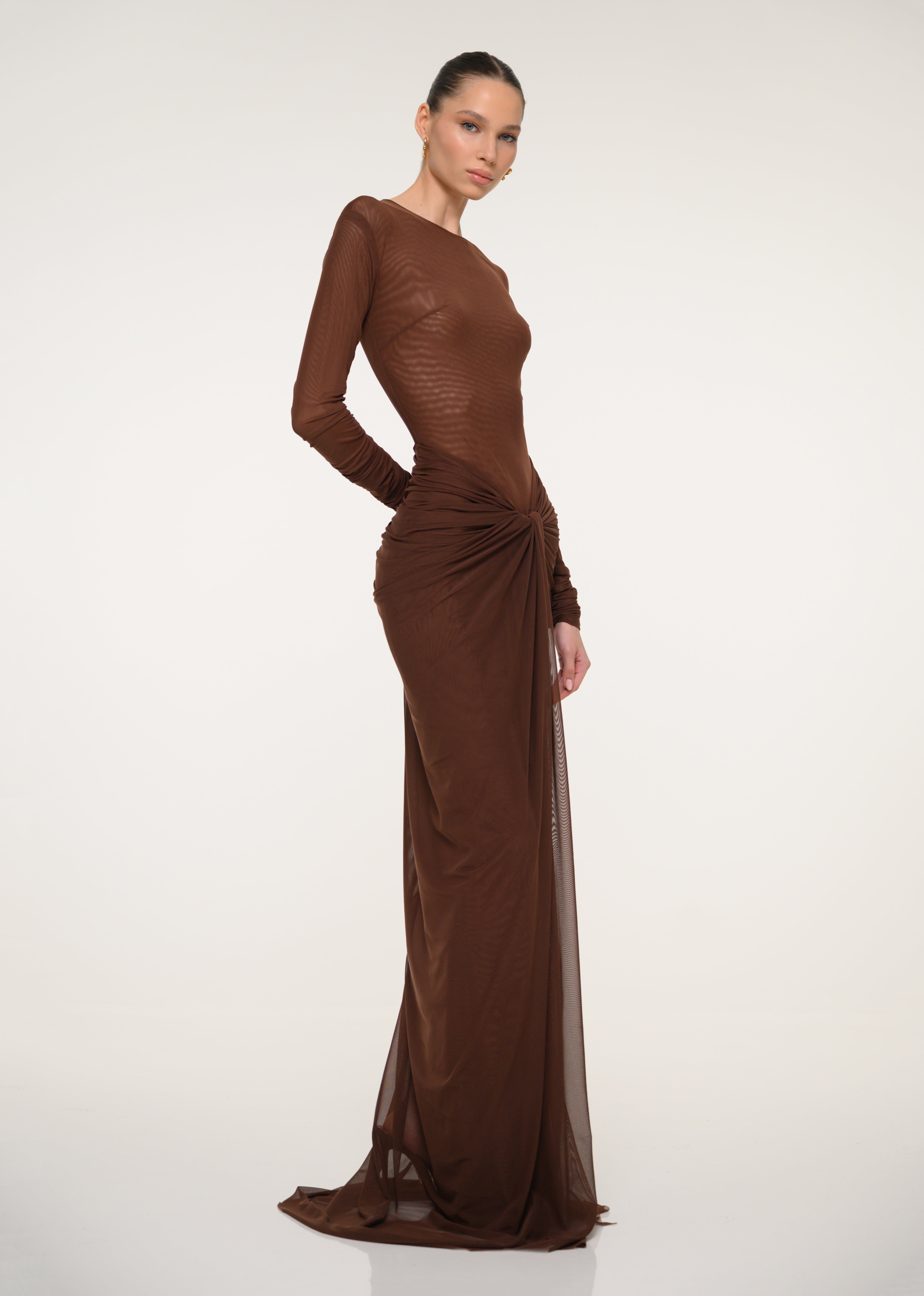 brown silk long sleeve dress Lady Black Tie - Romantic Love - Brown Long Sleeve Midi Dress