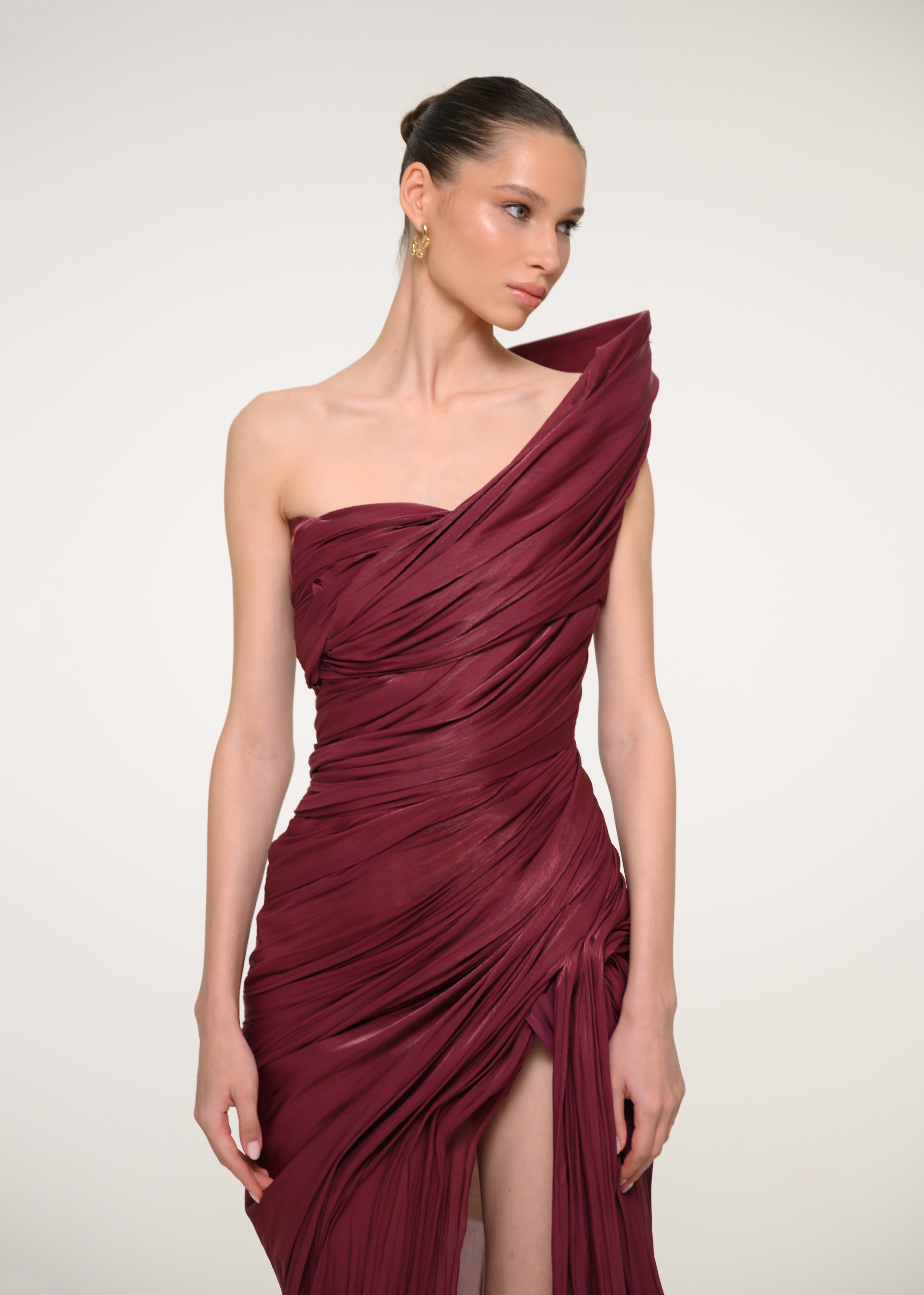 Burgundy One-Shoulder Dress VALDRIN SAHITI Burgundy One-Shoulder Dress VALDRIN SAHITI