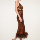 Bronze Sequin Midi Dress with Feathers
