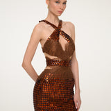 Bronze Sequin Midi Dress with Feathers