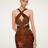 Bronze Sequin Midi Dress with Feathers