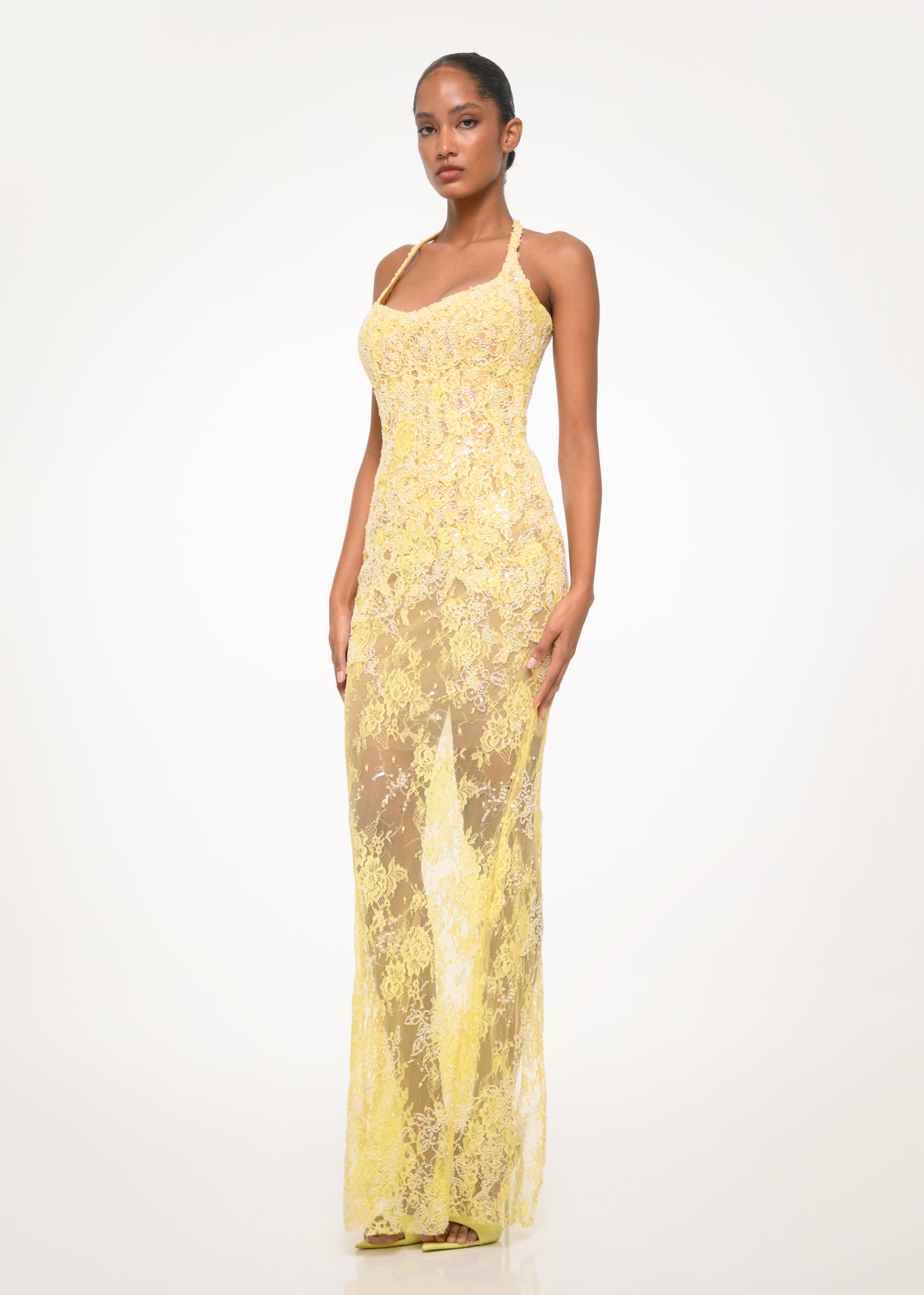 Yellow Lace Sheer Dress