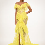 Yellow Lace Off-Shoulder Gown