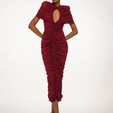 Burgundy Ruched Midi Dress