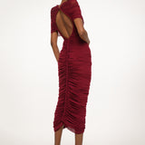 Burgundy Ruched Midi Dress