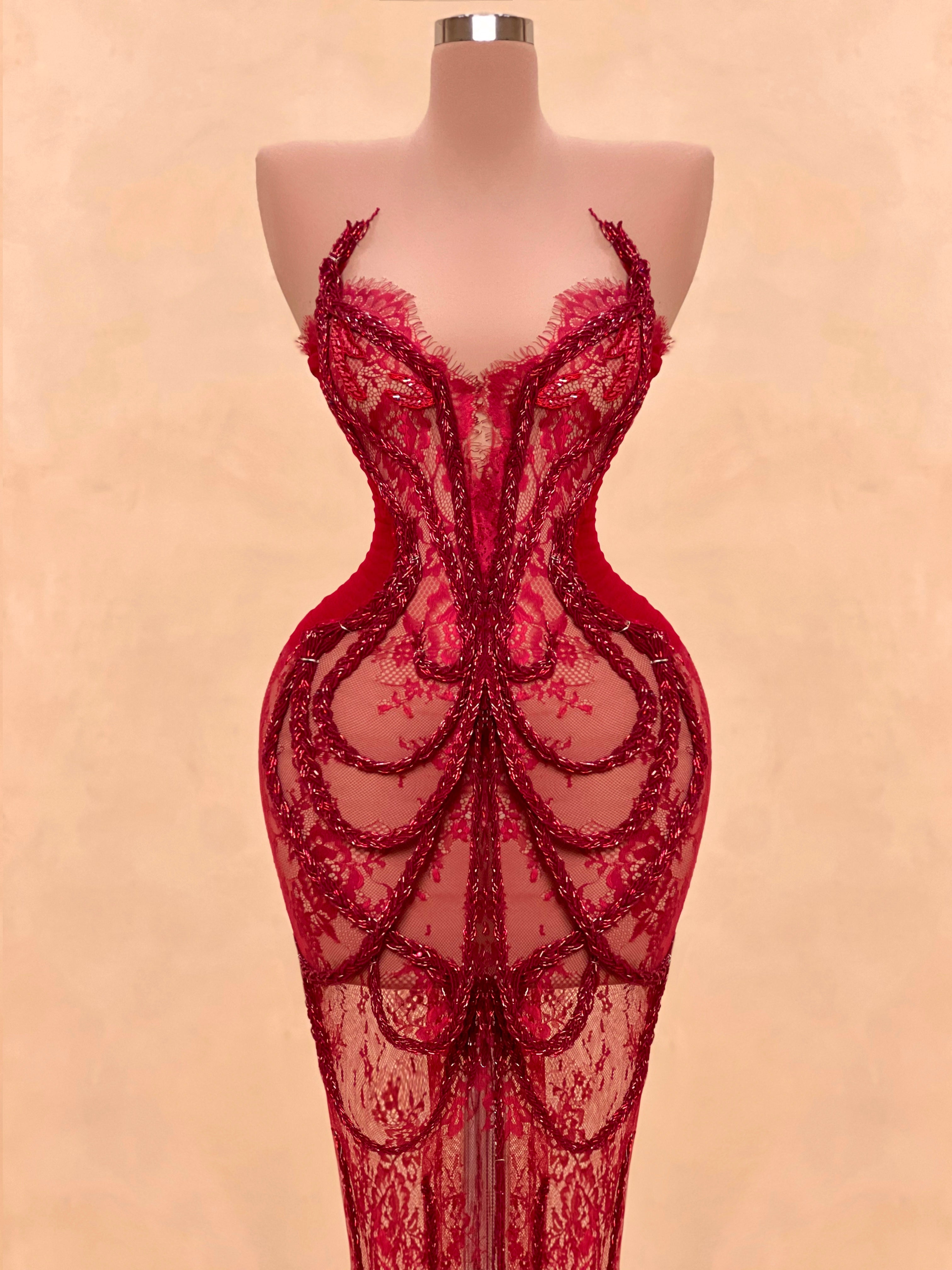 Red Lace Dragon Embroidery Gown with Fringe Sleeves Valdrin Sahiti VALDRIN SAHITI Red Lace Dragon Embroidery Gown with Fringe Sleeves Valdrin Sahiti VALDRIN SAHITI