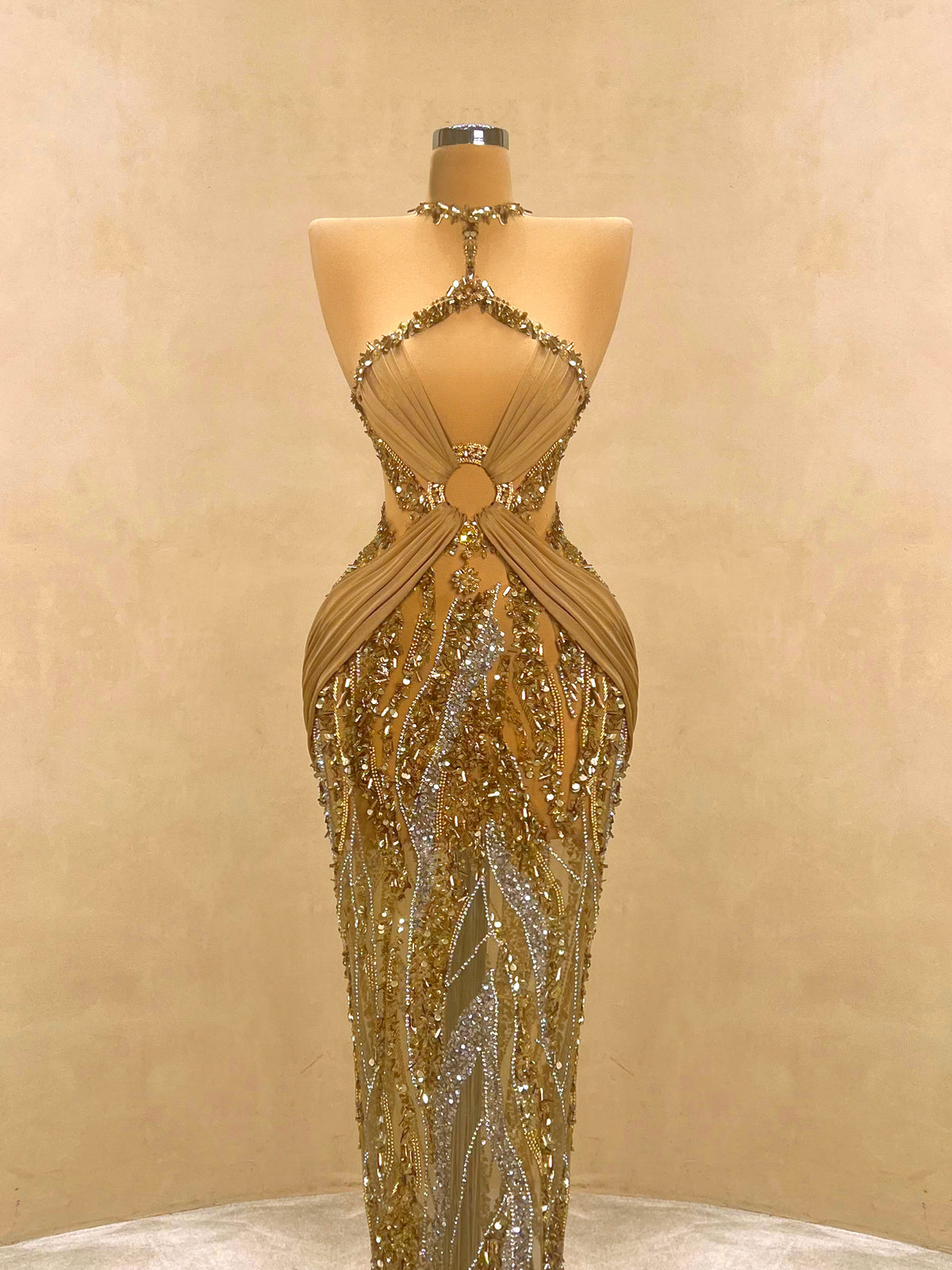 valdrin sahiti gold dress Golden Hand-Beaded Halter Evening Gown with Cape VALENTINE